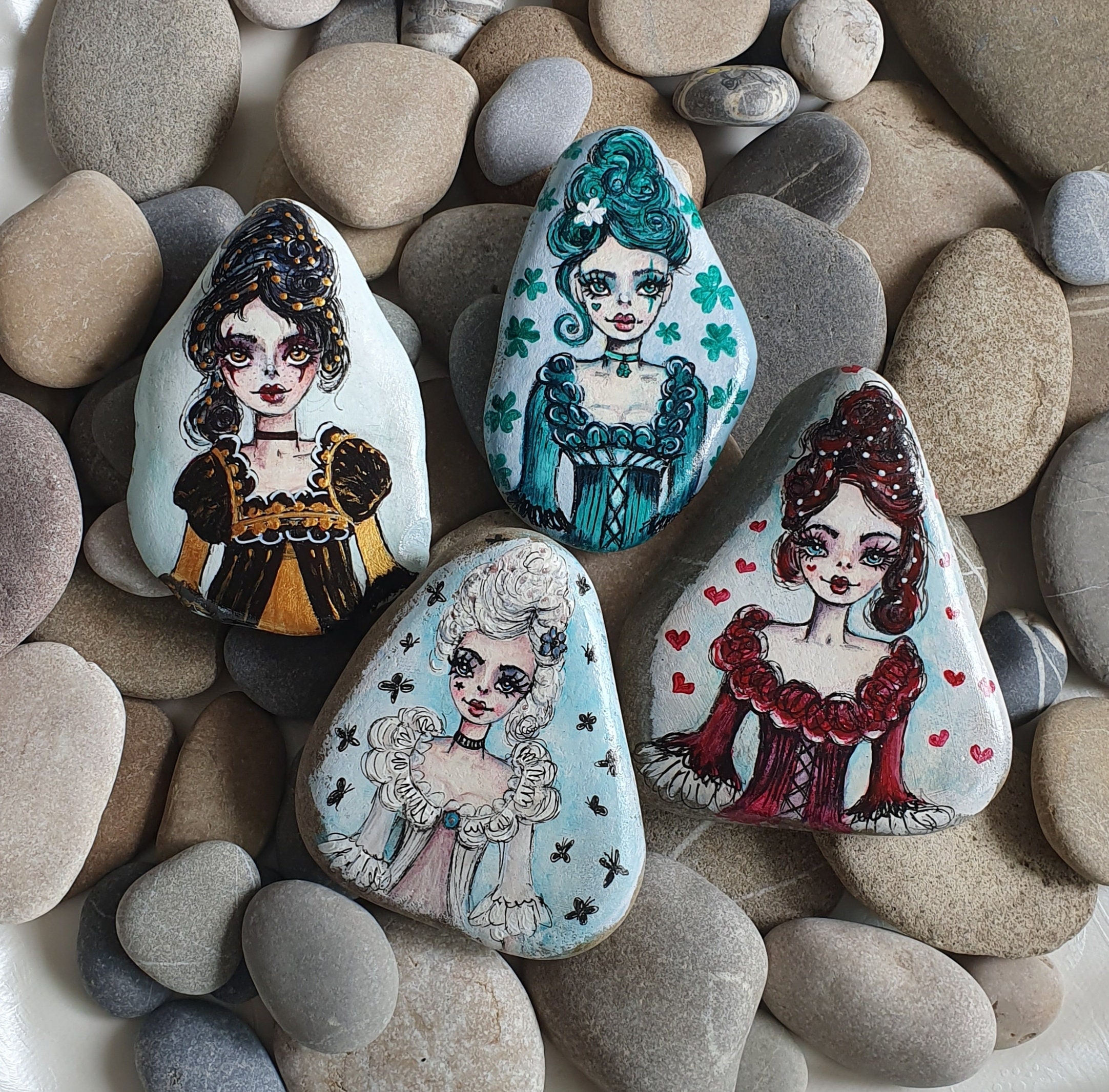 Green Gold And White Dot Art With Four Leaf Clover, St. Patrick's Day Decor, Painted Rock, Stone Painting