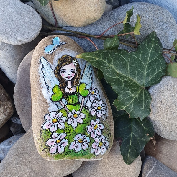 Stone painting, painted stone, original acrylic painting on stone, garden fairy, decoration