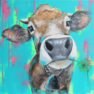 Cow painting, lucky cow, print on canvas 40 x 40 cm, animal painting