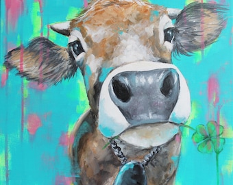 Cow painting, lucky cow, print on canvas 40 x 40 cm, animal painting