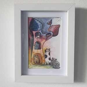Cat picture painted, small framed picture, original watercolor painting, wall art,