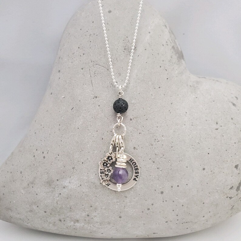 Amethyst, Lava Stone and Sterling Silver CHARM TRIO Diffuser Necklace w/Cherry Blossom and Affirmation Circle image 3