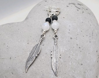 AAA Rainbow Moonstone, Sterling Silver, and Lava Stone Large Feather Diffuser Earrings - SOLFUL NATURE Collection
