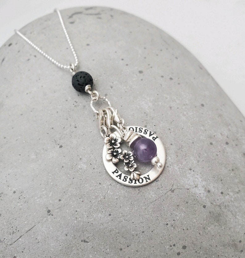 Amethyst, Lava Stone and Sterling Silver CHARM TRIO Diffuser Necklace w/Cherry Blossom and Affirmation Circle image 1