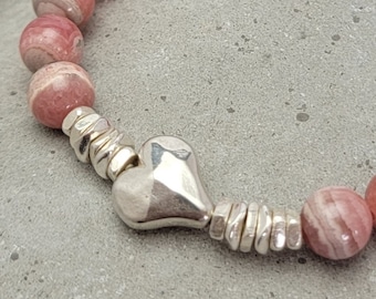 Heart-Inspired for SCAD Collection Rhodochrosite & Sterling Silver Bracelet w/Sterling Faceted Heart