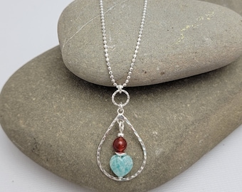 Sterling Teardrop Frame Necklace with Carnelian and Amazonite Heart