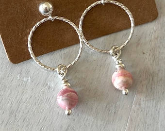 Rhodochrosite and sterling hoop earrings