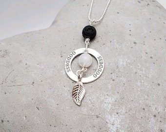 Rainbow Moonstone, Sterling Silver and Lava Stone Diffuser Necklace w/GODDESS Affirmation Circle and Leaf