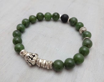 Jade & Sterling Silver Bracelet with Hotei/Laughing Buddha