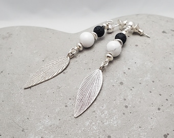 Howlite, Sterling Silver and Lava Stone Flat Leaf Diffuser Earrings - SOLFUL NATURE Collection