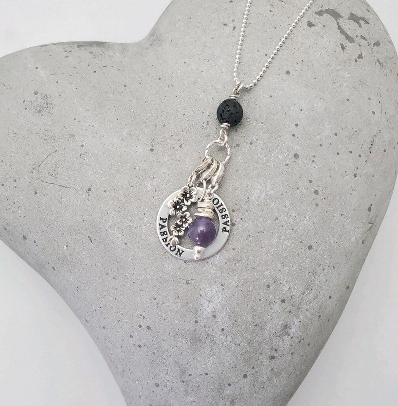 Amethyst, Lava Stone and Sterling Silver CHARM TRIO Diffuser Necklace w/Cherry Blossom and Affirmation Circle image 4