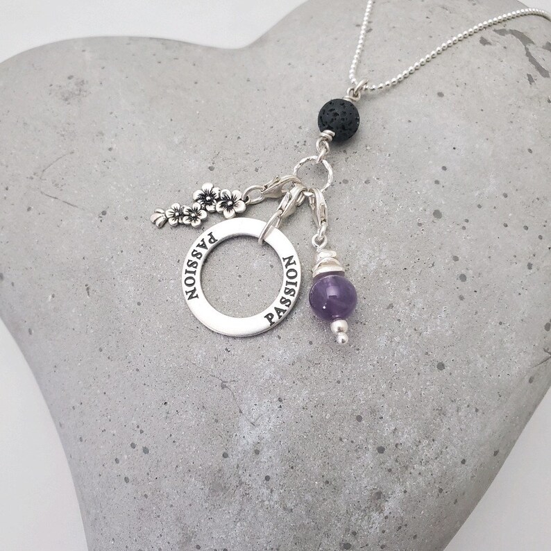 Amethyst, Lava Stone and Sterling Silver CHARM TRIO Diffuser Necklace w/Cherry Blossom and Affirmation Circle image 2