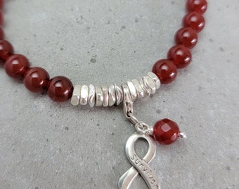 Heart-Inspired for SCAD Collection Carneilian & Sterling Silver Bracelet w/Sterling SURVIVOR Ribbon and Carneilan Drop Charm