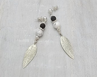 Howlite, Sterling Silver and Lava Stone Flat Leaf Diffuser Earrings - SOLFUL NATURE Collection