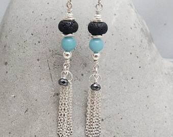 AAA Blue Amazonite, Sterling Silver and Lava Stone Fringe Diffuser Earrings
