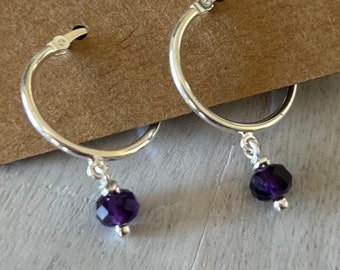 Amethyst and Sterling Small Hoop Earrings