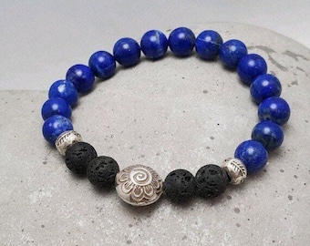 Lapis Lazuli & Sterling Silver Lava Bead Diffuser Bracelet w/Puffed Spiral - SOLFUL NATURE Collection