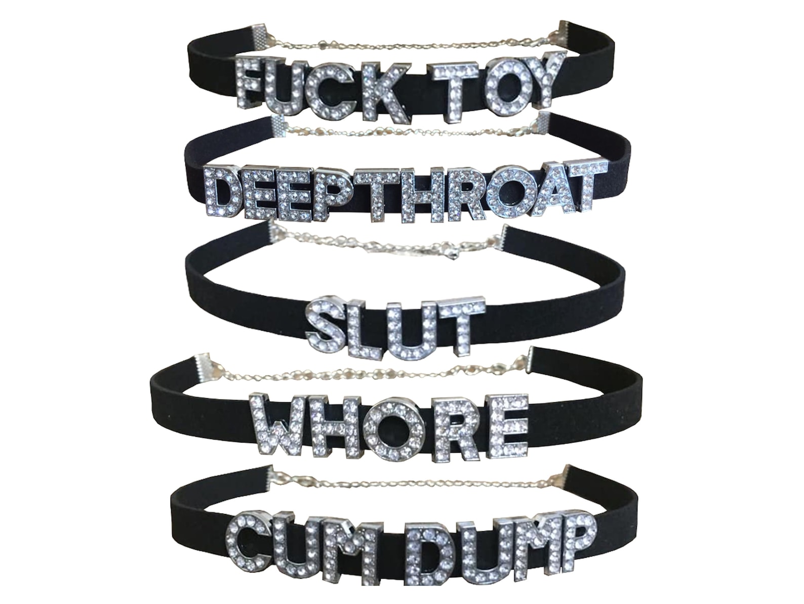 5 Pack Chokers - Adjustable Collar Necklaces - F*ck Toy, Deepthroat, Slut, ...