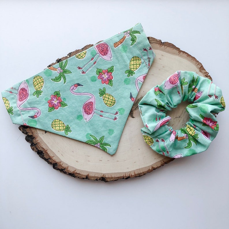 Flamingo Paradise Over The Collar Dog Bandana And Matching Scrunchie Pet Accessories 90s Fashion Scrunchies Dog Mom Matching