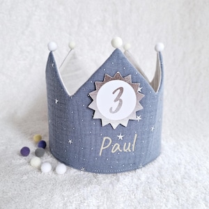 Birthday crown, fabric crown muslin, cotton, birthday gift/ grey/silver stars