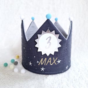 Birthday crown, fabric crown muslin, cotton, birthday gift/ grey/silver stars