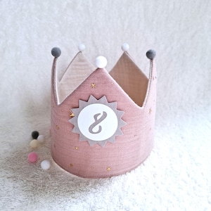 Birthday crown, fabric crown muslin, cotton, birthday gift/ powder pink/golden dots