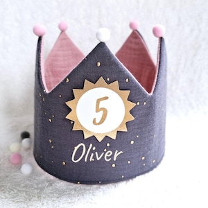 Birthday crown, fabric crown muslin, cotton, birthday gift/ medium grey/golden dots