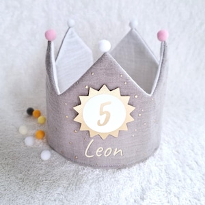 Birthday crown, fabric crown muslin, cotton, birthday gift/ light grey/golden dots