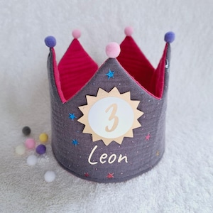 Birthday crown, fabric crown muslin, cotton, birthday gift/ grey/colored stars