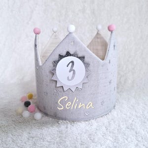 Birthday crown, fabric crown muslin, cotton, birthday gift/ light grey/silver stars