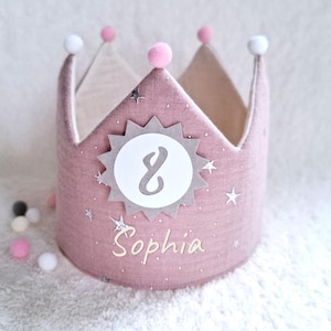 Birthday crown, fabric crown muslin, cotton, birthday gift/ powder pink/silver stars
