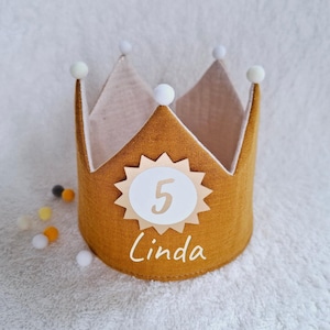 Birthday crown, fabric crown muslin, cotton, birthday gift/ mustard glitter