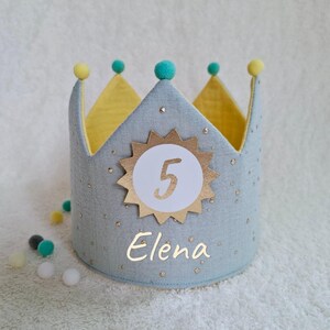 Birthday crown, fabric crown muslin, cotton, birthday gift/ light menthol/golden dots