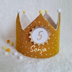 Birthday crown, fabric crown muslin, cotton, birthday gift/ mustard, white dots