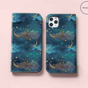 Moon and Stars Wallet Case for iPhone 14 13 12 Pro Max X XS SE for Samsung Galaxy S22 S21 S20 S10 Plus Ultra Google Pixel 6a 6 5 Card Holder