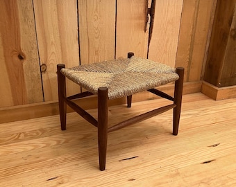 Walnut Stool with Woven Seagrass Rush Seat, Footstool, Woven Seat, Entryway Stool, Seating, Step Stool