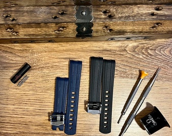 Correa de caucho para Omega Seamaster 300 (20 mm, extremos curvos), negra o azul