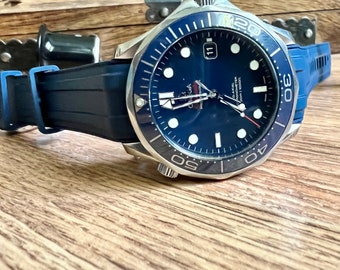 Blauwe rubberen FKM-band voor Omega Seamaster 300 - 20 mm gebogen uiteinde