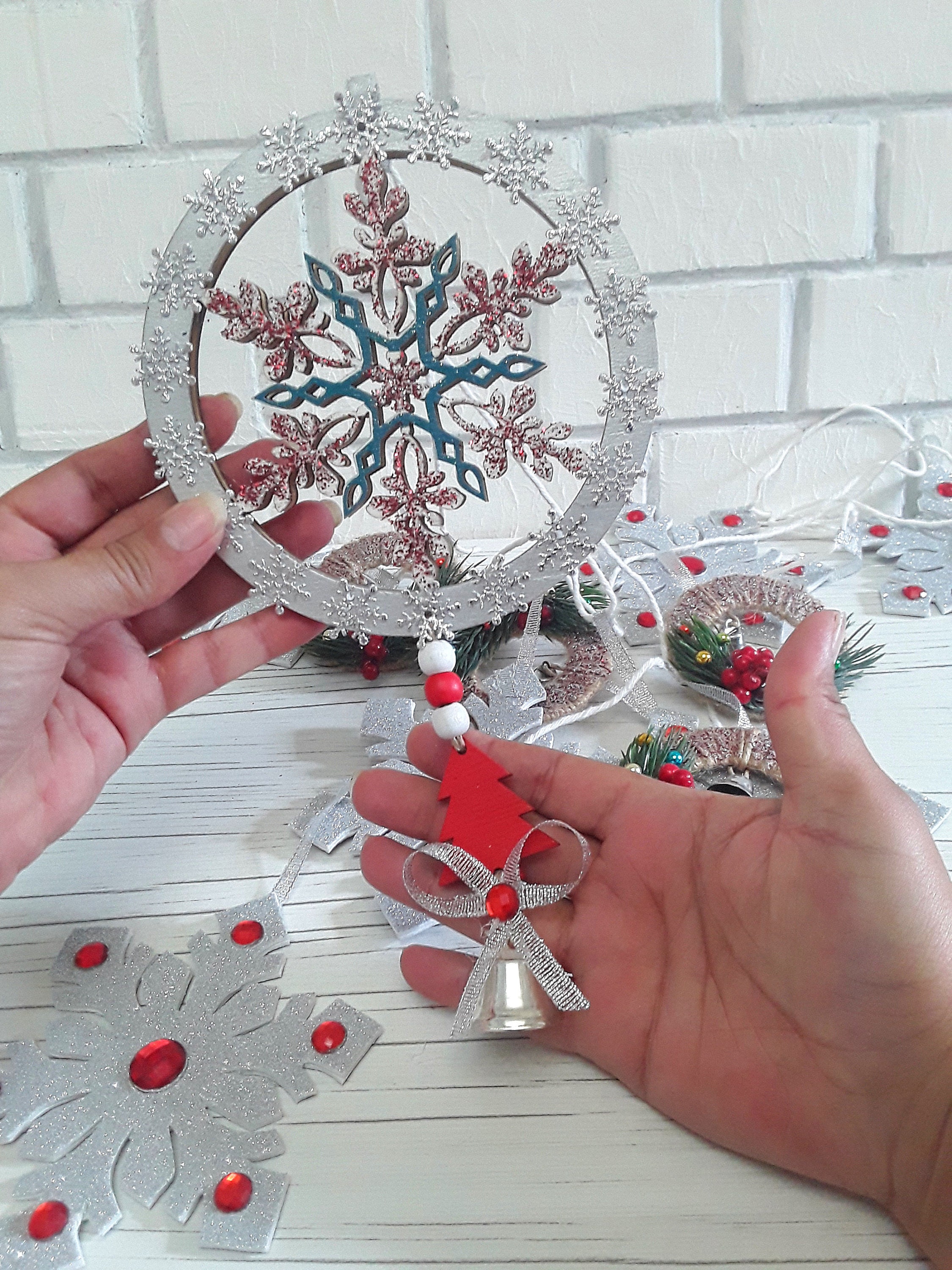 Glitter snowflake garland Silver Christmas garland with bells | Etsy