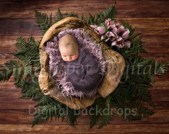 Newborn digital background, newborn digital backdrop, fern,fur,boy,girl,plum, burgundy, solid wooden bowl