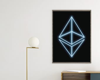 May include: A black and white framed print of a blue neon geometric shape on a black background. The print is hanging on a white wall above a wooden cabinet with a blue door.