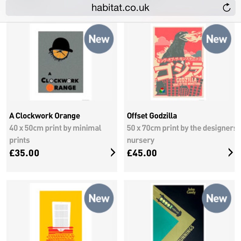 May include: Four different art prints for sale. The top left print is a black and white illustration of a man wearing a bowler hat. The text "A Clockwork Orange" is below the image. The top right print is a red, black, and white illustration of Godzilla. The text "Offset Godzilla" is below the image. The bottom left print is a yellow and red illustration of a window. The text "New" is in a circle next to the image. The bottom right print is a green and gold illustration of a running track. The text "New" is in a circle next to the image.