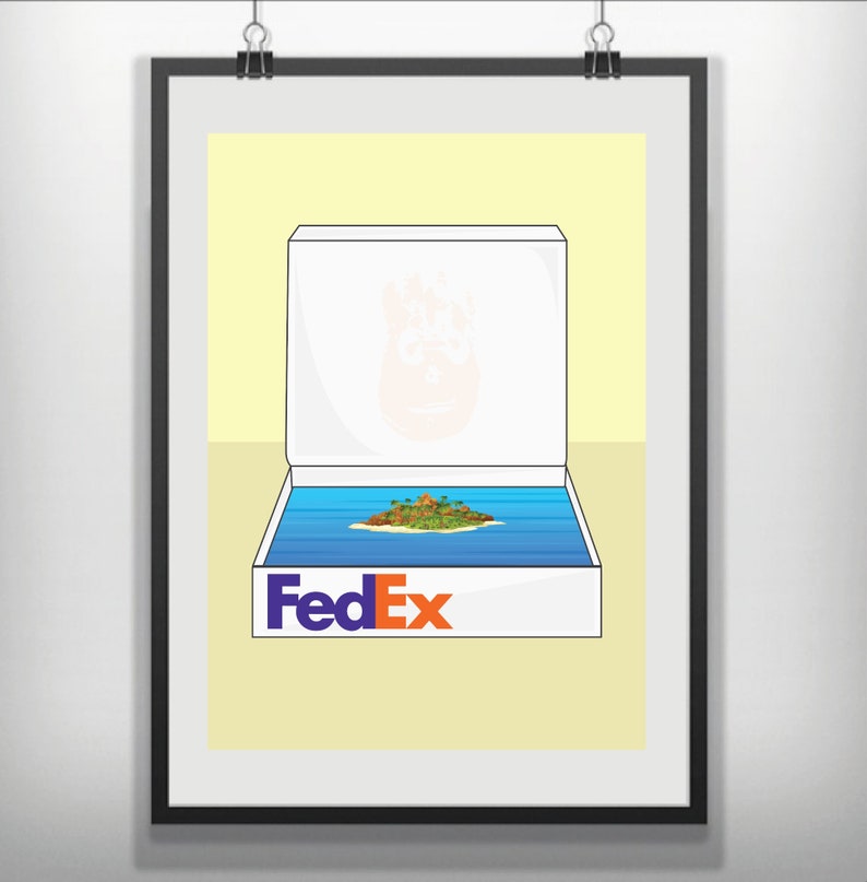 May include: A white box with the FedEx logo on the front. The box is open and inside is a small island with green trees and blue water.
