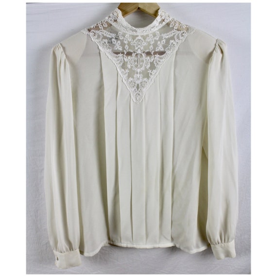 Vintage 80s High Neck Blouse Lace Panel Pleats Sz