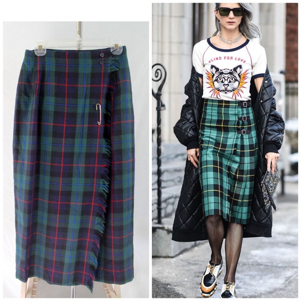 Vintage Plaid Midi Skirt Wool Kilt Pin 28” waist By Rafaella Fits Size 8