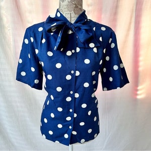 Vintage 70s Lucky Winner Blue Polkadot Blouse Tie Neck Size Large Half Sleeve