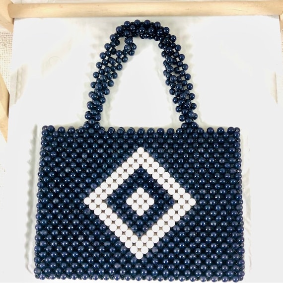 Vintage Bead Bag Navy White Balls - Etsy