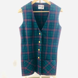 Vintage 70s Green Plaid Long Vest by Act III Poly Wool Blend Size S/M