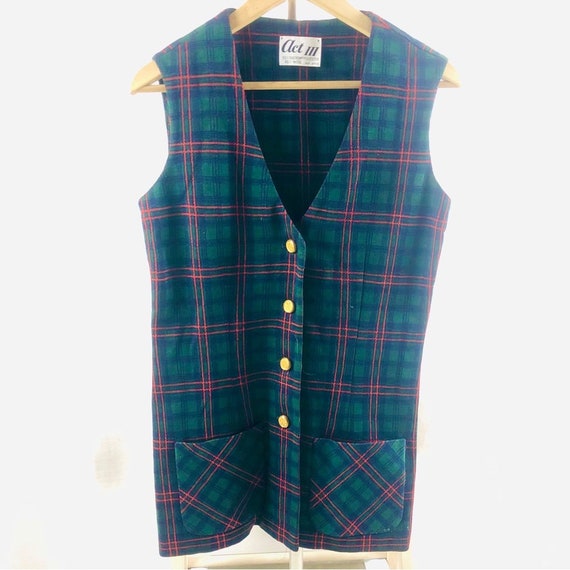 Vintage 70s Green Plaid Long Vest by Act III Poly… - image 1