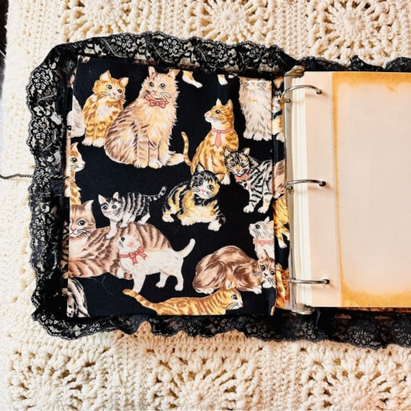 Vintage Quilted Photo Album Black Fabric Cat Print CATS 40 pages peel stick
